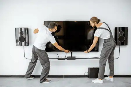 Two tv mount professionals install sound system and television setup for a home theater