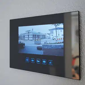 Screen shows outside view with video feed, explaining how intercom works with cameras