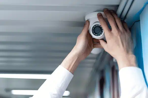 A person installs an indoor dome camera on a ceiling, illustrating indoor vs outdoor security cameras