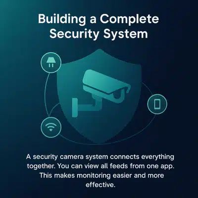 Graphic explains a connected system with indoor vs outdoor security cameras for better home safety coverage