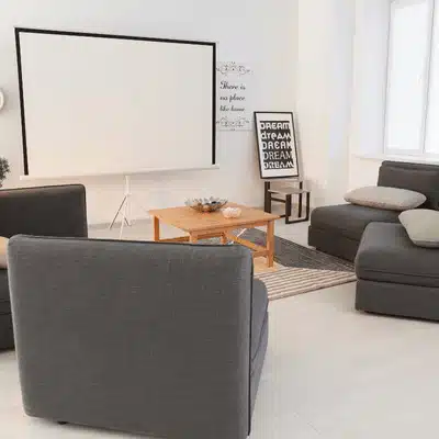 Minimalist living room with a projector screen, perfect for learning how to choose a home theater system