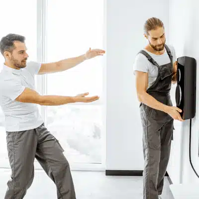 Two men set up wall-mounted speakers for a complete living room audio system installation project