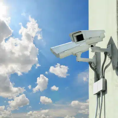 Outdoor bullet security camera pointed to the sky, demonstrating outdoor features in indoor vs outdoor security cameras