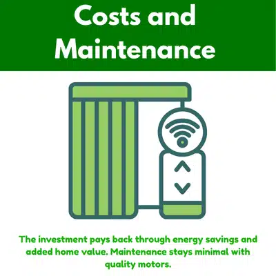 Infographic explains costs and maintenance of motorized blinds, highlighting energy savings and minimal upkeep requirements