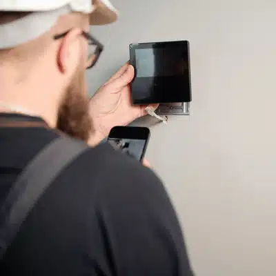 Technician installs smart home control panel, photographing setup for records and future troubleshooting reference later