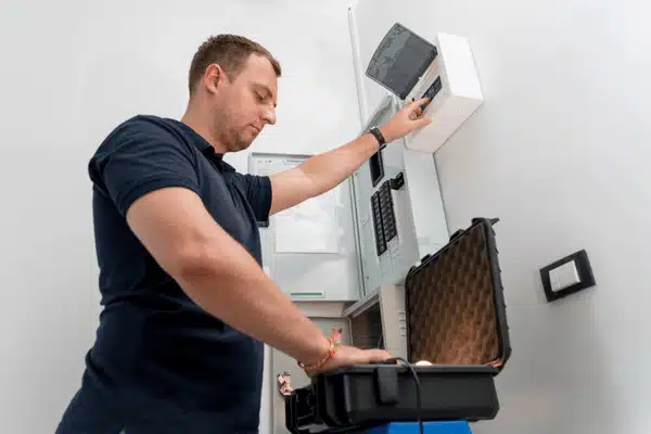 Technician adjusts wall control panel while testing system, showing Home automation installation services in progress