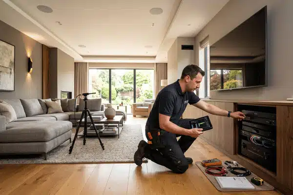 A technician kneels by an equipment cabinet, testing components during home sound system installation