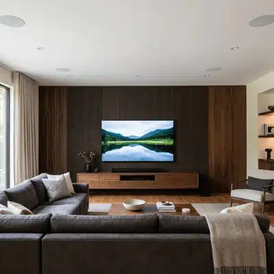 A modern living room shows a mounted TV and speakers after home sound system installation work