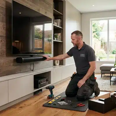A technician kneels in a modern living room while installing a home sound system beneath a wall-mounted television.
