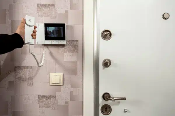 Indoor Intercom Monitor A person holds an indoor handset beside a wall monitor, showing how wireless home intercom systems support home entry communication