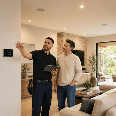 A home automation installer explains the smart control system to a homeowner while pointing across a modern living room