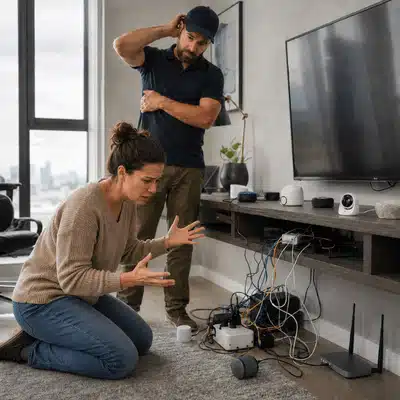 A frustrated homeowner looks at tangled wires while a home automation installer checks the connected smart home devices