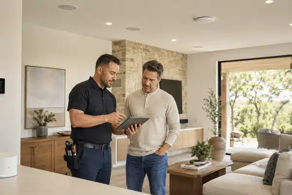A home automation installer reviews tablet plans with a homeowner inside a modern living room with built-in smart features