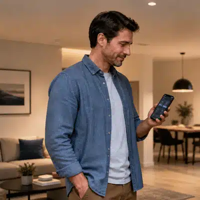 A man checks his phone inside a modern home while using wireless home intercom systems for remote entry access