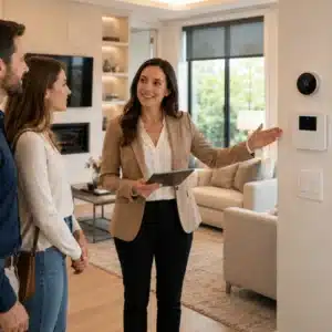 A real estate agent explains professional smart home installation features to buyers in a modern home with a thermostat, keypad, and smart controls