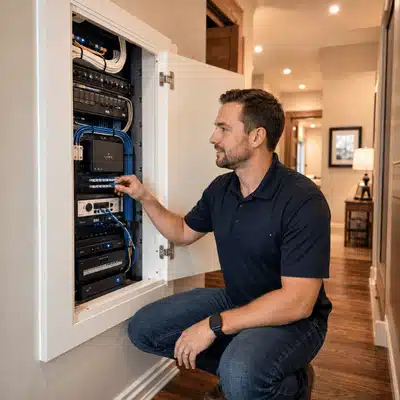 A professional technician adjusts equipment inside a wall-mounted home automation panel during a residential smart home system installation.