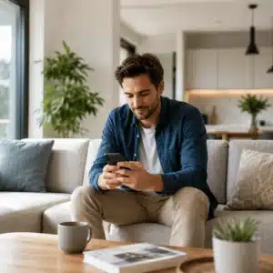 A homeowner checks his phone during a professional smart home installation setup in a bright living room with connected home features