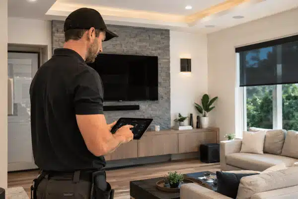 Installer Configures System A technician uses a tablet for professional smart home installation in a modern living room with automated lighting, shades, audio, and entertainment devices