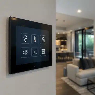 A close-up image shows a touchscreen control panel used for lighting, climate, security, audio, and shades in a home automation system installation.