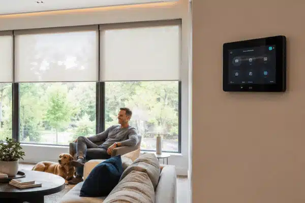 A modern living room shows a wall-mounted control panel during a home automation system installation.