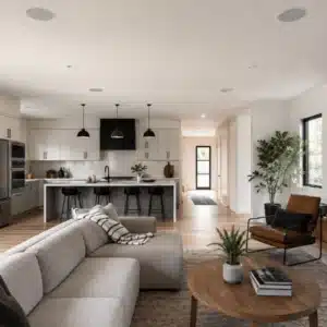 A realistic open-plan home image shows a home speaker installation with discreet ceiling speakers across the living room and kitchen area
