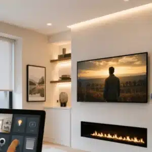 A tablet displays controls for a control4 home automation system managing the lighting, television, fireplace, thermostat, and window shades