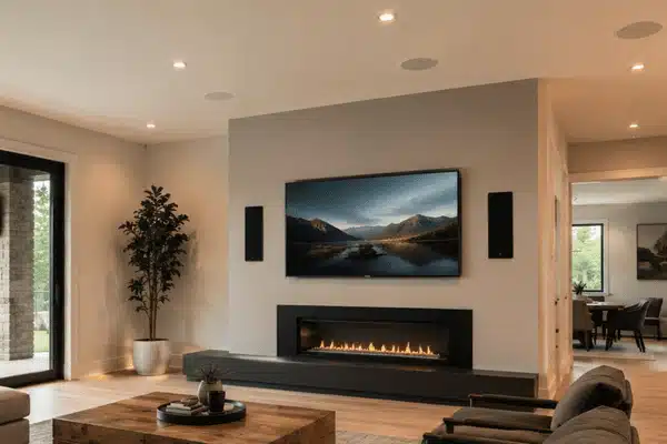 A realistic living room image shows a home speaker installation with ceiling speakers, wall-mounted speakers, a TV, and a fireplace in a modern home