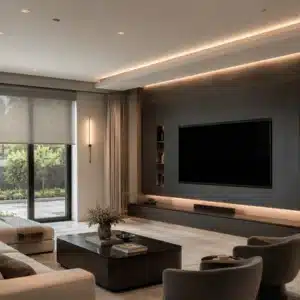 A control4 home automation system integrates the television, hidden speakers, motorized shades, and ambient lighting throughout a luxury living room