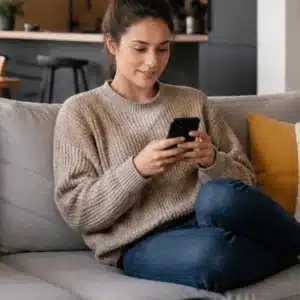A realistic image shows a woman using her phone to control a home speaker installation from a couch in a modern living room