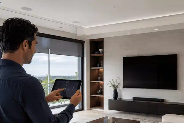 A homeowner uses a tablet connected to a control4 home automation system to manage the television, lighting, speakers, and motorized window shades