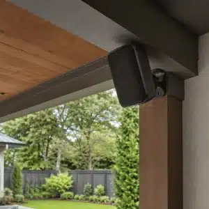 A black outdoor speaker is securely mounted beneath a patio eave and angled toward the backyard seating and garden area