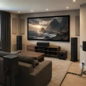 A dedicated home theater setup includes a large projection screen, tower speakers, subwoofer, surround speakers, seating, and visible cabling arranged throughout the room.