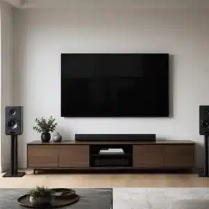 A minimalist home theater setup shows a wall-mounted TV with a soundbar and two separate bookshelf speakers positioned beside a wooden media console.