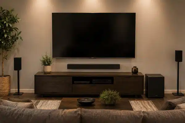 Surround Sound Living A modern home theater setup features a wall-mounted TV, centered soundbar, surround speakers, subwoofer, and sofa in a warmly lit living room.