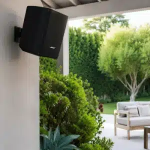 A black outdoor speaker is mounted on a covered patio wall beside lush landscaping and an outdoor seating area