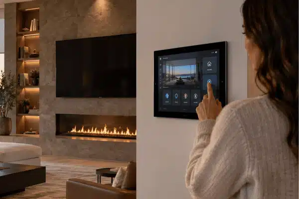 A woman uses a wall-mounted smart home touchscreen in a modern living room, illustrating a control4 vs crestron home automation setup.
