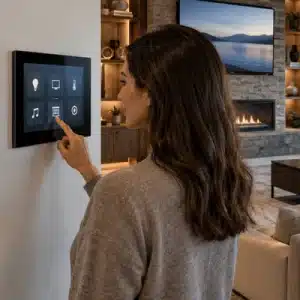 A woman adjusts lighting and entertainment settings on a wall-mounted touchscreen for a control4 vs crestron smart home system