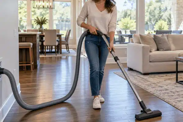 A woman uses a built-in vacuum hose to clean hardwood floors in a modern living room, illustrating how central vacuum system cost relates to home cleaning convenience