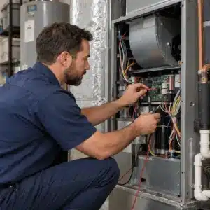 An HVAC technician inspects the wiring and control board of a residential heating and cooling system to check equipment compatibility before smart thermostat installation