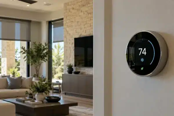 Smart Home Cooling A modern smart thermostat displaying 74°F is mounted on the wall of a contemporary living room with large windows and motorized shades, illustrating smart thermostat installation for efficient home cooling