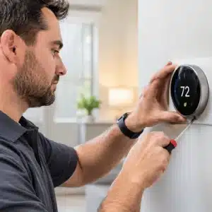 A professional technician performs smart thermostat installation by securing a digital thermostat to a wall and adjusting its wiring with a screwdriver inside a modern home