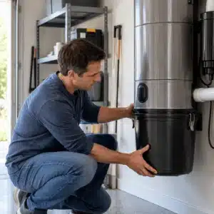 A homeowner inspects the dust collection canister of a wall-mounted central vacuum unit in a garage, highlighting the equipment and maintenance considerations associated with central vacuum system cost