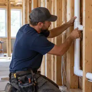 A professional technician installs white PVC vacuum pipes inside an unfinished residential wall, showing how pipe routing and labor affect central vacuum system cost